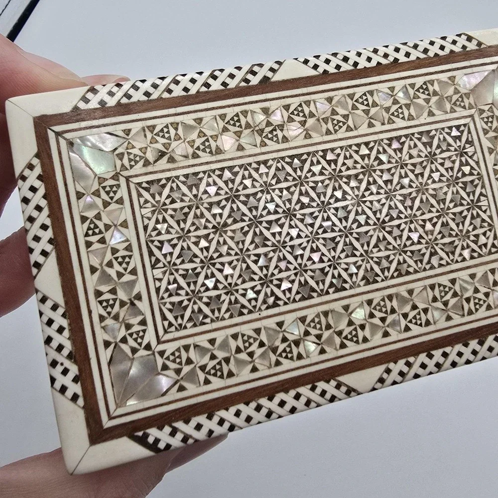 Vintage Turkish Mother of Pearl Inlay Wood Marquetry Jewelry Trinket Box